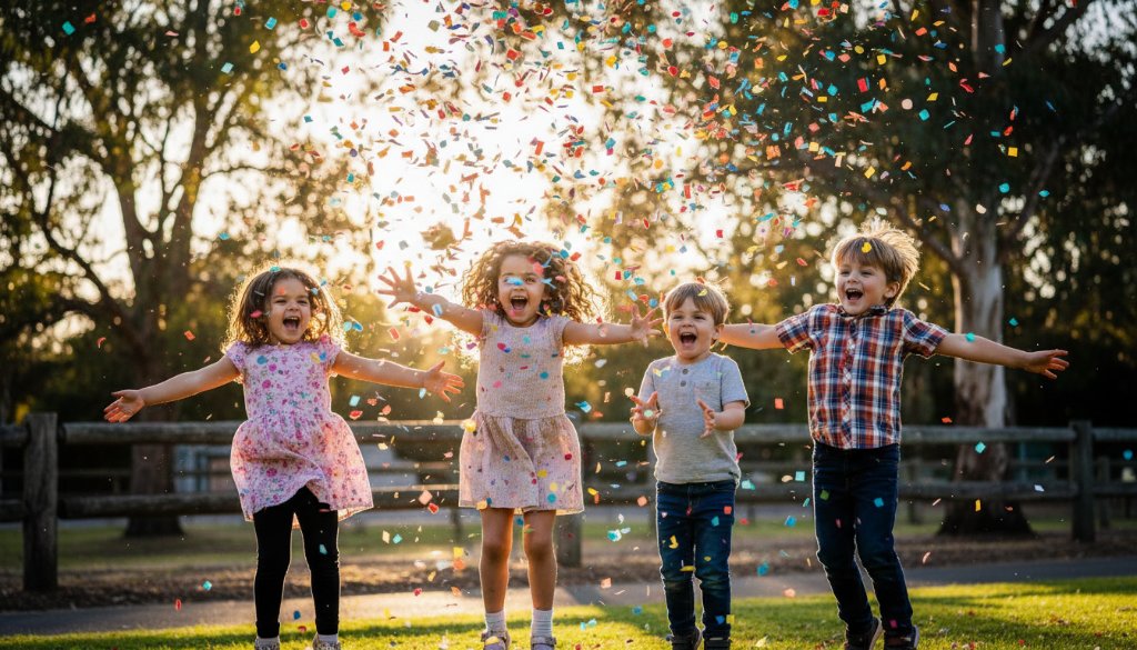 A joyful Korumburra kids party photographer capturing genuine smiles Victoria, focusing on a group of happy children mid-laughter, confetti flying, under warm afternoon light at a Korumburra park celebration, showcasing an epic moment of pure joy and fun.