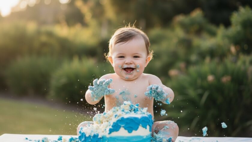 A dramatic, cinematic photograph capturing a baby's joyful Manifold Heights cake smash photography moment, with frosting smeared hands and an ecstatic expression, surrounded by soft pastel colours and dreamy bokeh, highlighting the pure fun and celebration of their first birthday.