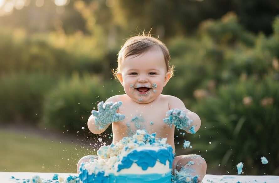 A dramatic, cinematic photograph capturing a baby's joyful Manifold Heights cake smash photography moment, with frosting smeared hands and an ecstatic expression, surrounded by soft pastel colours and dreamy bokeh, highlighting the pure fun and celebration of their first birthday.