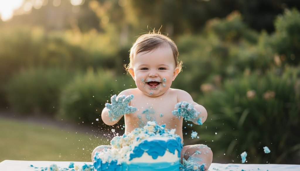 A dramatic, cinematic photograph capturing a baby's joyful Manifold Heights cake smash photography moment, with frosting smeared hands and an ecstatic expression, surrounded by soft pastel colours and dreamy bokeh, highlighting the pure fun and celebration of their first birthday.