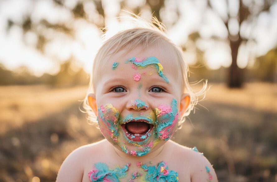 A close-up, joyful Marong cake smash photography for first birthday memories shot of a one-year-old child covered in vibrant cake, eyes wide with delight, amidst soft, golden afternoon light in a whimsical outdoor setting near Marong, capturing pure, messy joy.