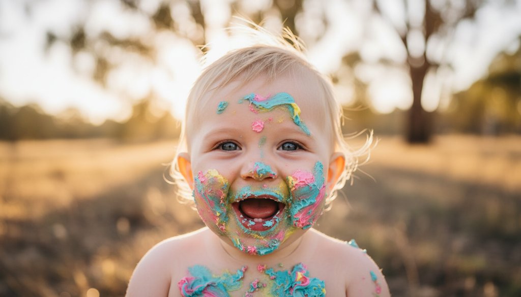 A close-up, joyful Marong cake smash photography for first birthday memories shot of a one-year-old child covered in vibrant cake, eyes wide with delight, amidst soft, golden afternoon light in a whimsical outdoor setting near Marong, capturing pure, messy joy.