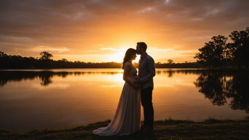 An expectant mother in a flowing dress, bathed in golden hour light in a Blackburn park, laughing joyfully with her partner, capturing timeless and joyful maternity photos Blackburn families adore.
