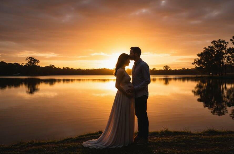 An expectant mother in a flowing dress, bathed in golden hour light in a Blackburn park, laughing joyfully with her partner, capturing timeless and joyful maternity photos Blackburn families adore.