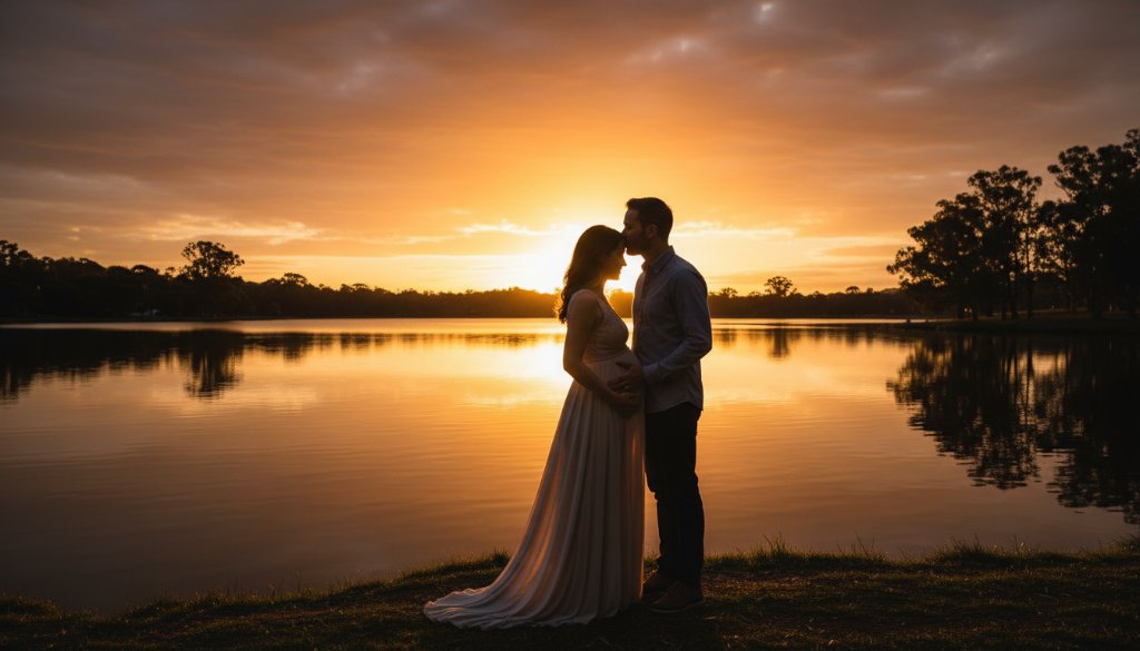 An expectant mother in a flowing dress, bathed in golden hour light in a Blackburn park, laughing joyfully with her partner, capturing timeless and joyful maternity photos Blackburn families adore.