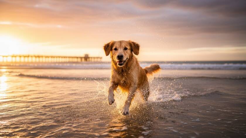 An epic moment captured during joyful Mentone pet photography adventures, featuring a golden retriever joyfully leaping through the shallow waves at Mentone Beach at sunset, water splashing, golden light reflecting, a truly professional and cinematic photograph.