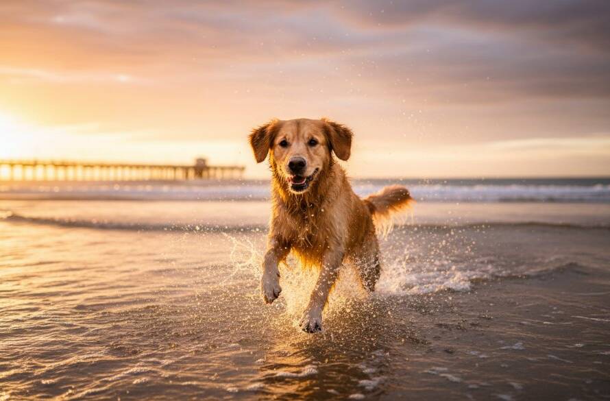 An epic moment captured during joyful Mentone pet photography adventures, featuring a golden retriever joyfully leaping through the shallow waves at Mentone Beach at sunset, water splashing, golden light reflecting, a truly professional and cinematic photograph.