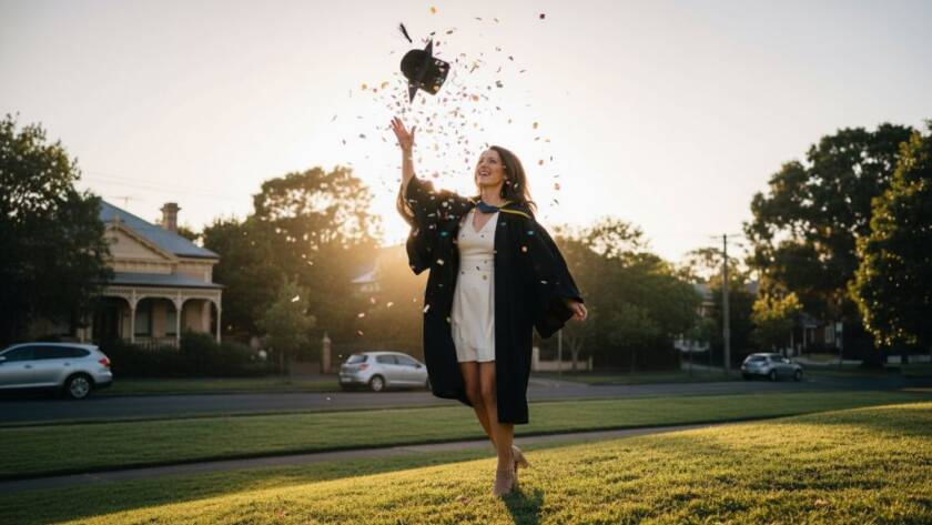 A jubilant Mont Albert North graduate, cap in the air, captured during their joyful Mont Albert North graduation photo celebration at sunset, with iconic local architecture subtly blurred in the background, showcasing an epic moment of achievement.