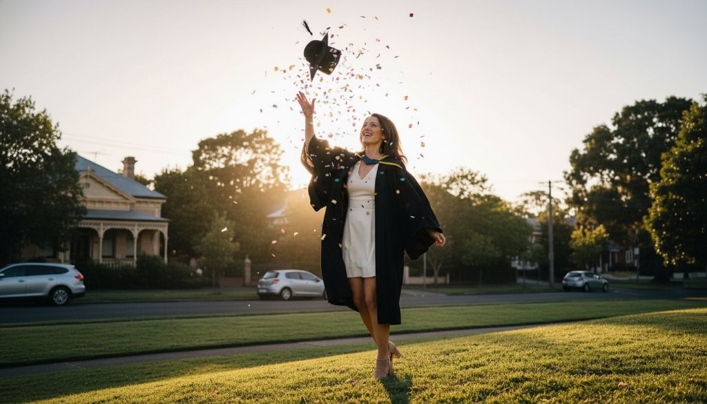 A jubilant Mont Albert North graduate, cap in the air, captured during their joyful Mont Albert North graduation photo celebration at sunset, with iconic local architecture subtly blurred in the background, showcasing an epic moment of achievement.