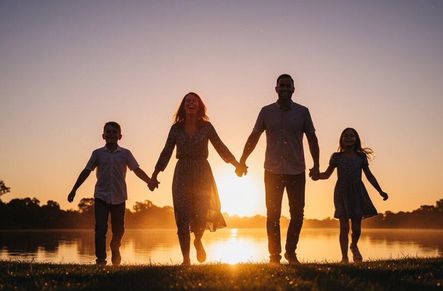 An epic moment of joyful Mooroopna family photography natural light sessions, featuring a family laughing heartily as they walk through a sun-drenched, golden field near the Goulburn River, with warm, dramatic backlighting creating a soft glow around them.