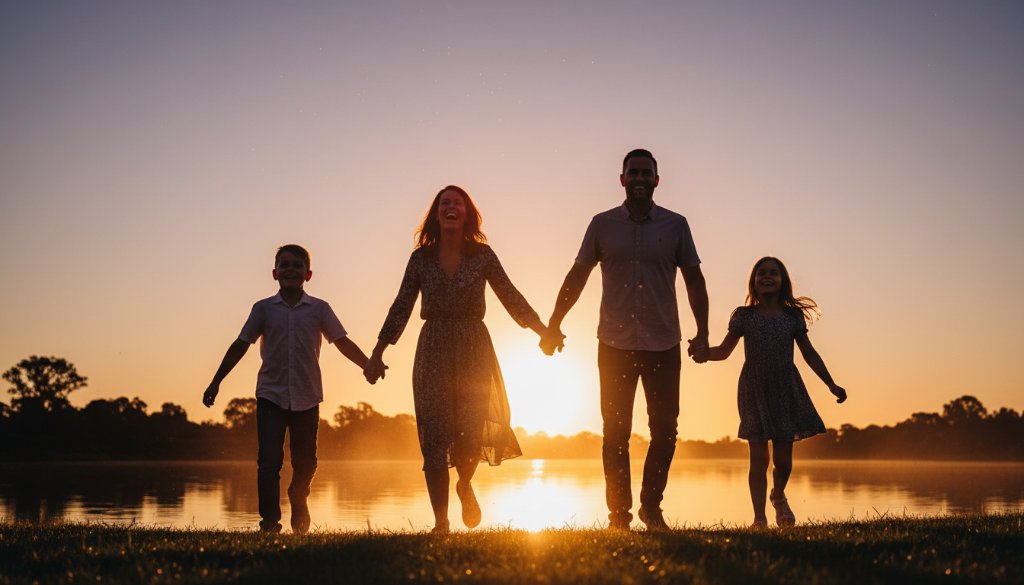 An epic moment of joyful Mooroopna family photography natural light sessions, featuring a family laughing heartily as they walk through a sun-drenched, golden field near the Goulburn River, with warm, dramatic backlighting creating a soft glow around them.