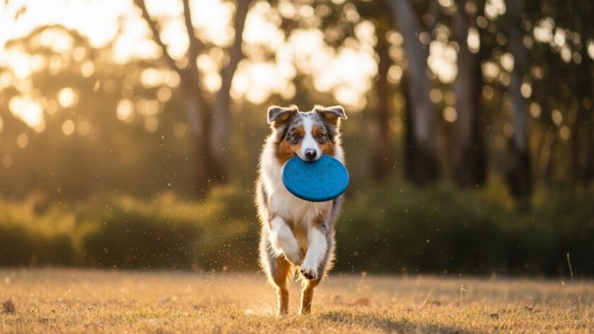 An epic moment from Joyful Mount Helen Pet Photography Adventures: a golden retriever mid-leap, joyfully playing in golden hour light at Woowookarung Regional Park, with a blurred natural bushland background, professionally colour graded.