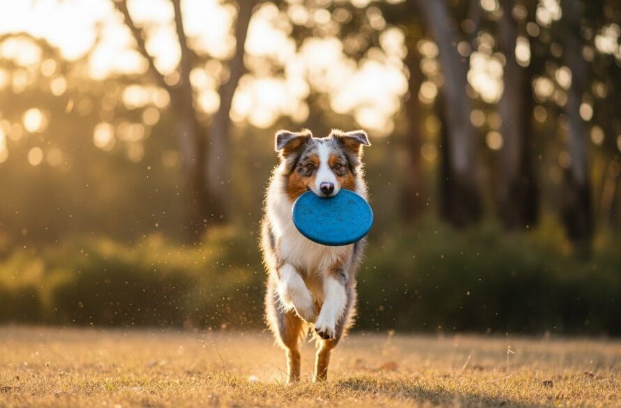 An epic moment from Joyful Mount Helen Pet Photography Adventures: a golden retriever mid-leap, joyfully playing in golden hour light at Woowookarung Regional Park, with a blurred natural bushland background, professionally colour graded.