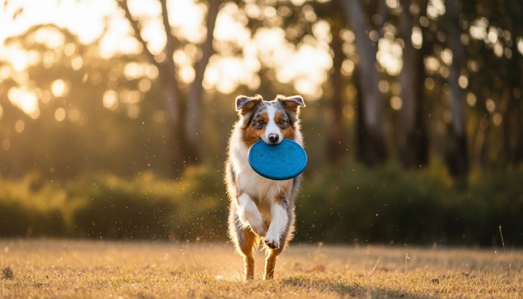 An epic moment from Joyful Mount Helen Pet Photography Adventures: a golden retriever mid-leap, joyfully playing in golden hour light at Woowookarung Regional Park, with a blurred natural bushland background, professionally colour graded.