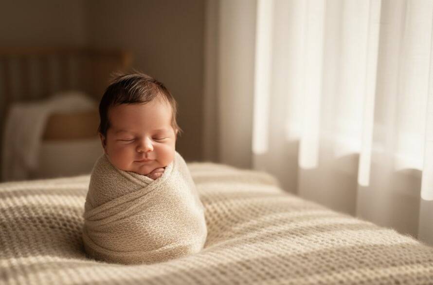 An artistic, high-contrast photograph of a sleeping newborn baby swaddled gently, surrounded by soft, muted tones in a sunlit Seddon home, embodying the serene beauty captured by a Joyful newborn moments Seddon photographer.