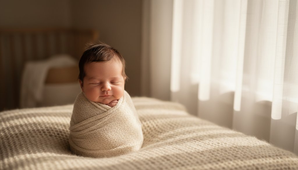 An artistic, high-contrast photograph of a sleeping newborn baby swaddled gently, surrounded by soft, muted tones in a sunlit Seddon home, embodying the serene beauty captured by a Joyful newborn moments Seddon photographer.