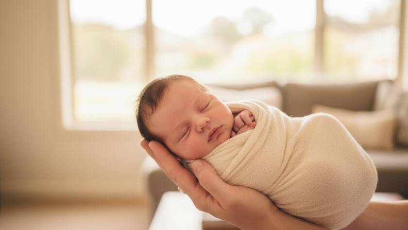 A heartwarming close-up of a sleeping newborn baby wrapped in a soft, cream blanket, gently held by a parent's hands, bathed in a soft, ethereal glow through a window in a Croydon North home, perfectly illustrating joyful newborn photography Croydon North Victoria with a focus on intimacy and tenderness.