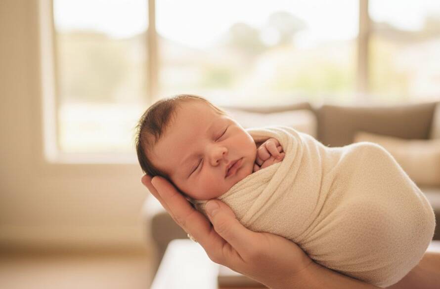 A heartwarming close-up of a sleeping newborn baby wrapped in a soft, cream blanket, gently held by a parent's hands, bathed in a soft, ethereal glow through a window in a Croydon North home, perfectly illustrating joyful newborn photography Croydon North Victoria with a focus on intimacy and tenderness.