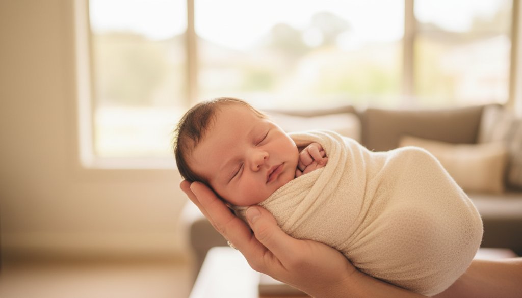 A heartwarming close-up of a sleeping newborn baby wrapped in a soft, cream blanket, gently held by a parent's hands, bathed in a soft, ethereal glow through a window in a Croydon North home, perfectly illustrating joyful newborn photography Croydon North Victoria with a focus on intimacy and tenderness.
