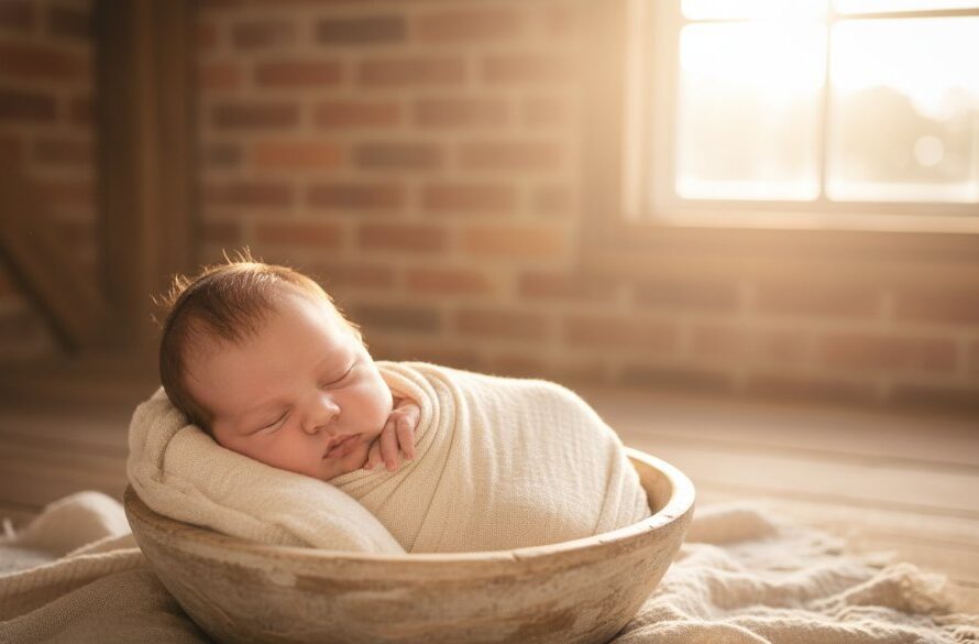 A tender, close-up photograph capturing the joyful newborn photography Seymour Victoria experience, showing a baby's serene face bathed in soft, dramatic light, evoking peace and new beginnings.