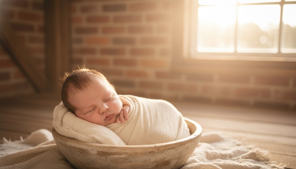 A tender, close-up photograph capturing the joyful newborn photography Seymour Victoria experience, showing a baby's serene face bathed in soft, dramatic light, evoking peace and new beginnings.