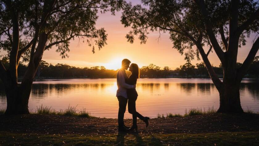 An epic, joyful Noble Park engagement photo at Ross Reserve, featuring a couple embracing under dramatic golden hour light, with lush greenery and a serene lake in the background, captured with a professional, cinematic feel.