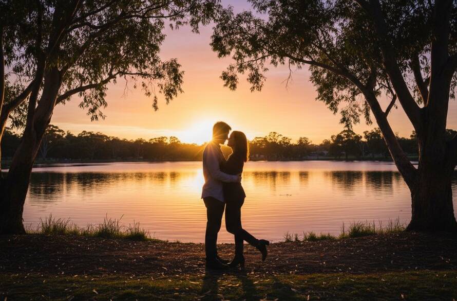 An epic, joyful Noble Park engagement photo at Ross Reserve, featuring a couple embracing under dramatic golden hour light, with lush greenery and a serene lake in the background, captured with a professional, cinematic feel.