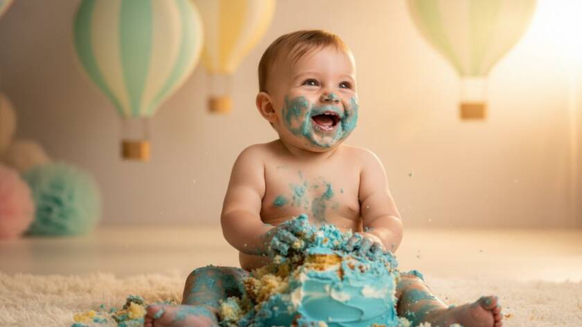 An epic moment captured during joyful Nunawading first birthday cake smash photography, featuring a delighted baby covered in cake, with soft, dramatic lighting, celebrating their first birthday in a whimsical setting.