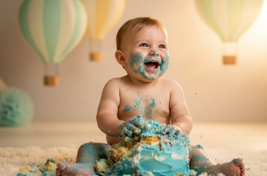An epic moment captured during joyful Nunawading first birthday cake smash photography, featuring a delighted baby covered in cake, with soft, dramatic lighting, celebrating their first birthday in a whimsical setting.