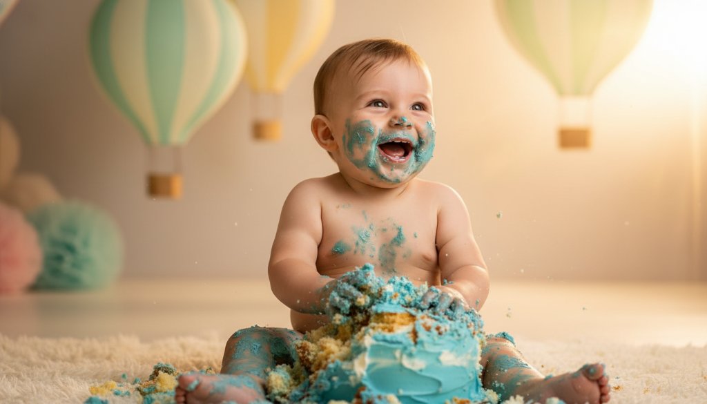 An epic moment captured during joyful Nunawading first birthday cake smash photography, featuring a delighted baby covered in cake, with soft, dramatic lighting, celebrating their first birthday in a whimsical setting.
