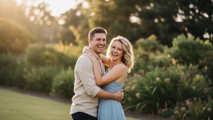 An epic moment captured during a Joyful Ormond Engagement Photography Melbourne session, featuring a couple laughing genuinely, backlit by a golden hour glow at a charming local park, showcasing their authentic connection.