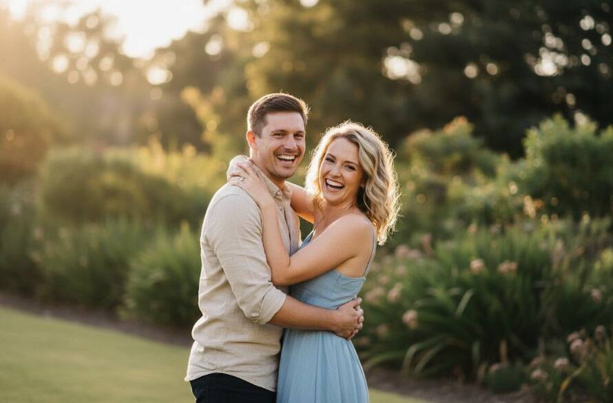 An epic moment captured during a Joyful Ormond Engagement Photography Melbourne session, featuring a couple laughing genuinely, backlit by a golden hour glow at a charming local park, showcasing their authentic connection.