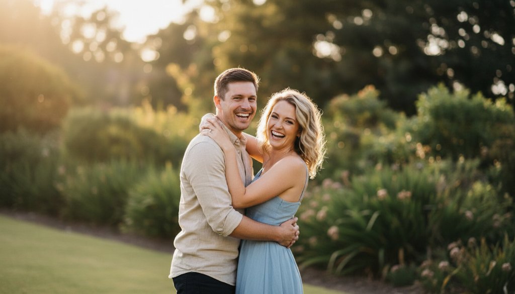 An epic moment captured during a Joyful Ormond Engagement Photography Melbourne session, featuring a couple laughing genuinely, backlit by a golden hour glow at a charming local park, showcasing their authentic connection.