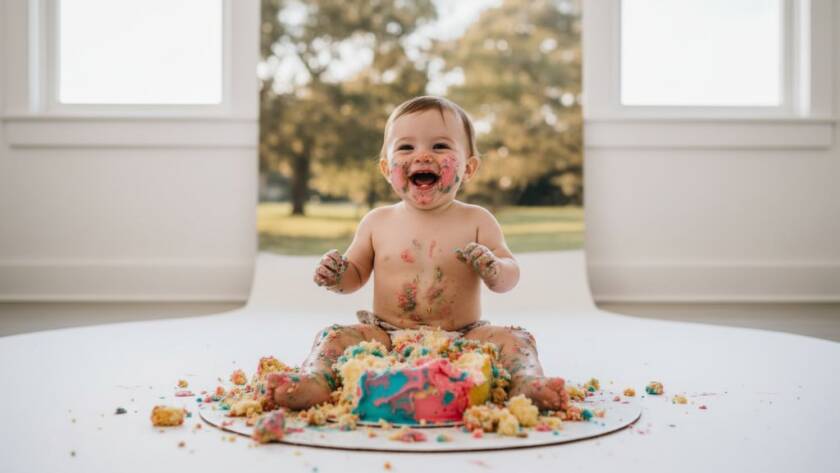 A wide-angle, joy-filled close-up of a baby enthusiastically smashing a cake during a joyful Ormond first birthday cake smash photography session, messy icing everywhere, dramatic studio lighting highlighting the baby's ecstatic expression and the vibrant colours of the cake and backdrop, captured in an 'epic moment' style.
