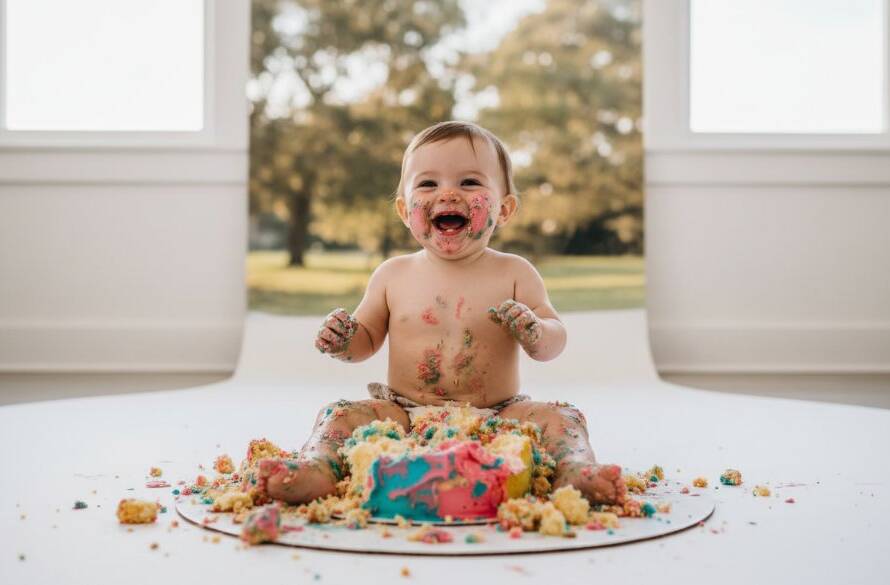 A wide-angle, joy-filled close-up of a baby enthusiastically smashing a cake during a joyful Ormond first birthday cake smash photography session, messy icing everywhere, dramatic studio lighting highlighting the baby's ecstatic expression and the vibrant colours of the cake and backdrop, captured in an 'epic moment' style.
