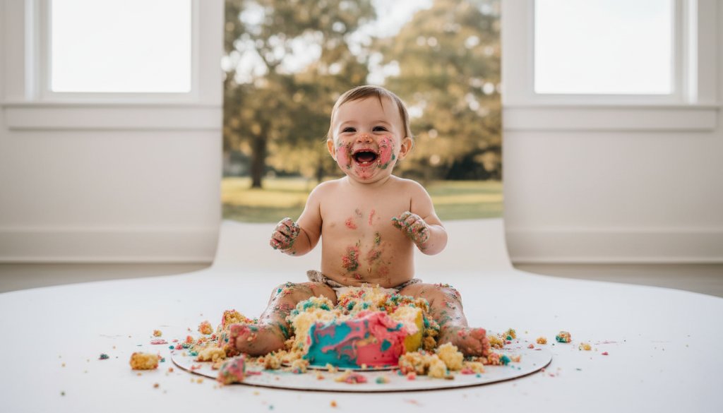 A wide-angle, joy-filled close-up of a baby enthusiastically smashing a cake during a joyful Ormond first birthday cake smash photography session, messy icing everywhere, dramatic studio lighting highlighting the baby's ecstatic expression and the vibrant colours of the cake and backdrop, captured in an 'epic moment' style.