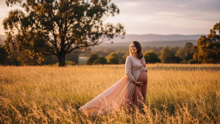 A pregnant woman, her belly gently cradled, stands bathed in golden hour light amidst the natural beauty of a Croydon South park, capturing a joyful outdoor maternity photoshoot Croydon South moment of serene anticipation and maternal glow.
