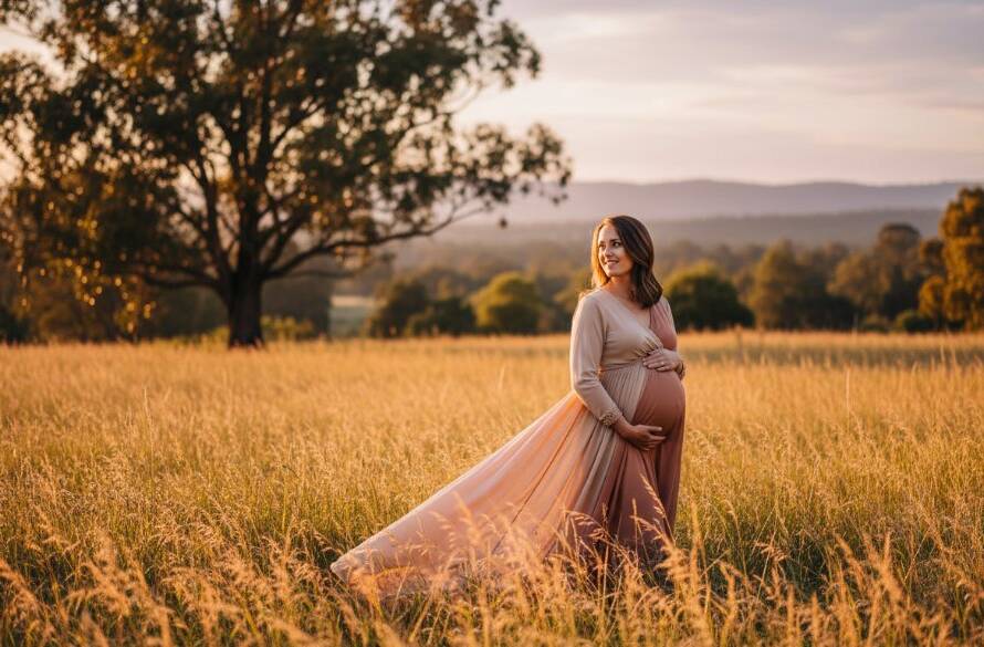 A pregnant woman, her belly gently cradled, stands bathed in golden hour light amidst the natural beauty of a Croydon South park, capturing a joyful outdoor maternity photoshoot Croydon South moment of serene anticipation and maternal glow.