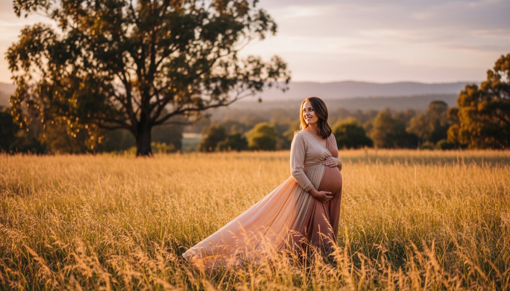 A pregnant woman, her belly gently cradled, stands bathed in golden hour light amidst the natural beauty of a Croydon South park, capturing a joyful outdoor maternity photoshoot Croydon South moment of serene anticipation and maternal glow.