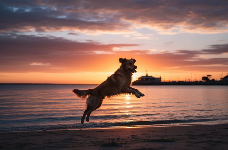 An emotionally resonant, professional photograph of a golden retriever joyfully leaping mid-air on Eastern Beach in Geelong West at sunset, its fur glowing golden, capturing a truly epic moment in joyful outdoor pet photography Geelong West.