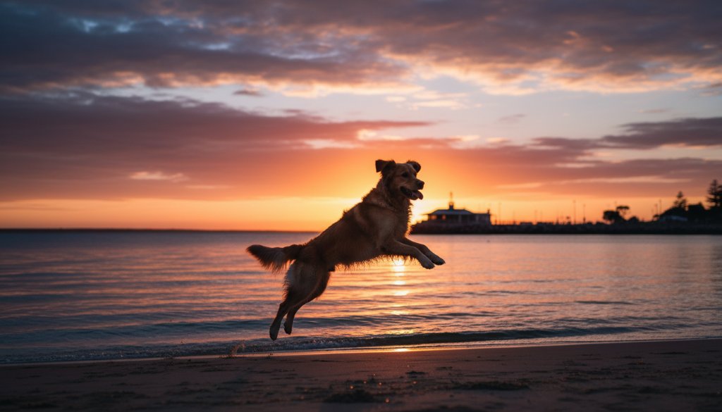 An emotionally resonant, professional photograph of a golden retriever joyfully leaping mid-air on Eastern Beach in Geelong West at sunset, its fur glowing golden, capturing a truly epic moment in joyful outdoor pet photography Geelong West.