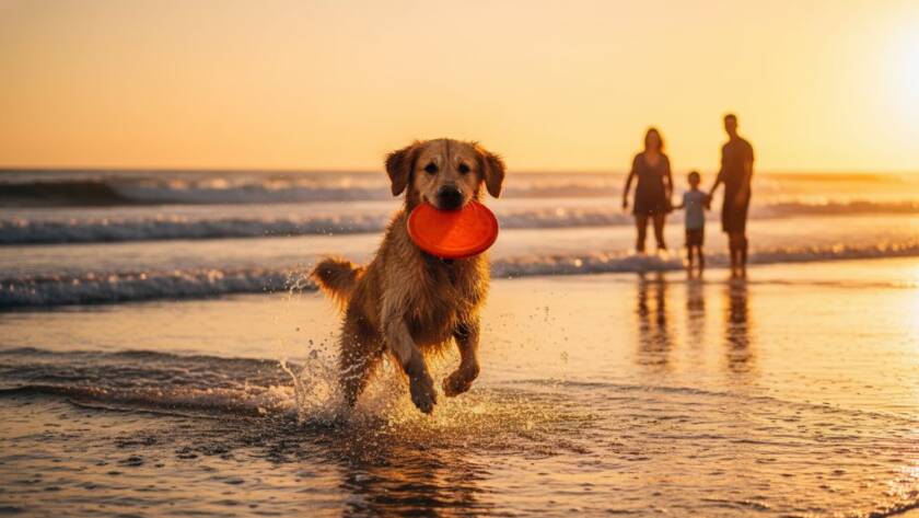 A golden retriever, mid-leap with a joyful expression, playing in the shallow waves during a sunset session for joyful Parkdale pet photography beach family portraits, with a family silhouetted in the background on Parkdale Beach.