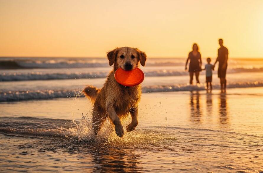 A golden retriever, mid-leap with a joyful expression, playing in the shallow waves during a sunset session for joyful Parkdale pet photography beach family portraits, with a family silhouetted in the background on Parkdale Beach.