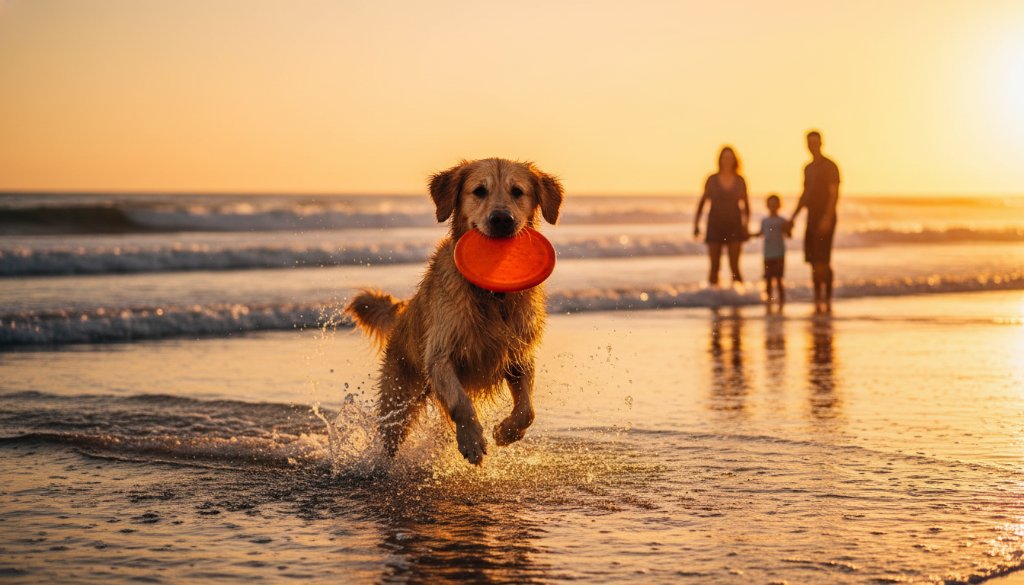 A golden retriever, mid-leap with a joyful expression, playing in the shallow waves during a sunset session for joyful Parkdale pet photography beach family portraits, with a family silhouetted in the background on Parkdale Beach.