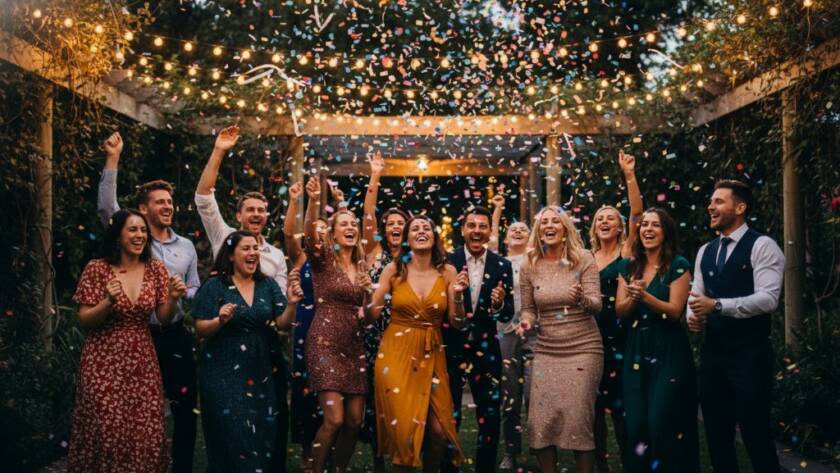 Dynamic wide shot capturing a vibrant moment of genuine laughter and dancing at a beautifully decorated garden party in Canterbury, Victoria, showcasing joyful party photography Canterbury Victoria under warm string lights at dusk.
