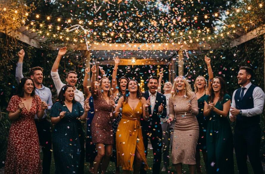 Dynamic wide shot capturing a vibrant moment of genuine laughter and dancing at a beautifully decorated garden party in Canterbury, Victoria, showcasing joyful party photography Canterbury Victoria under warm string lights at dusk.