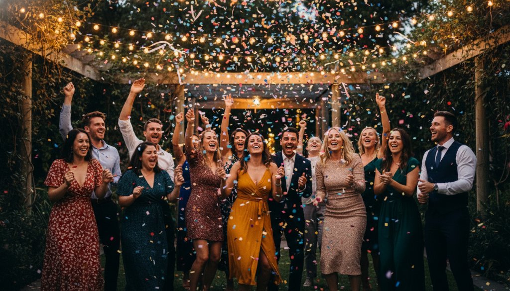 Dynamic wide shot capturing a vibrant moment of genuine laughter and dancing at a beautifully decorated garden party in Canterbury, Victoria, showcasing joyful party photography Canterbury Victoria under warm string lights at dusk.