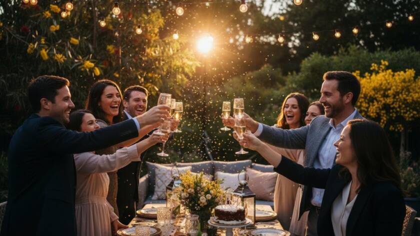 A wide-angle, vibrant, joyful party photography Cranbourne East Victoria moment, capturing friends laughing and toasting under fairy lights at dusk in a beautifully decorated backyard, with dynamic bokeh and professional colour grading.