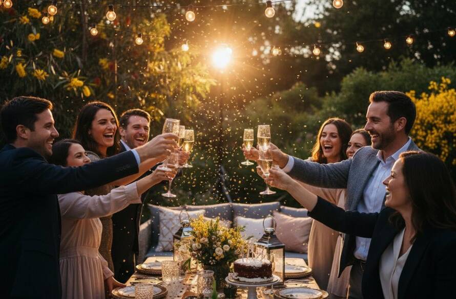 A wide-angle, vibrant, joyful party photography Cranbourne East Victoria moment, capturing friends laughing and toasting under fairy lights at dusk in a beautifully decorated backyard, with dynamic bokeh and professional colour grading.