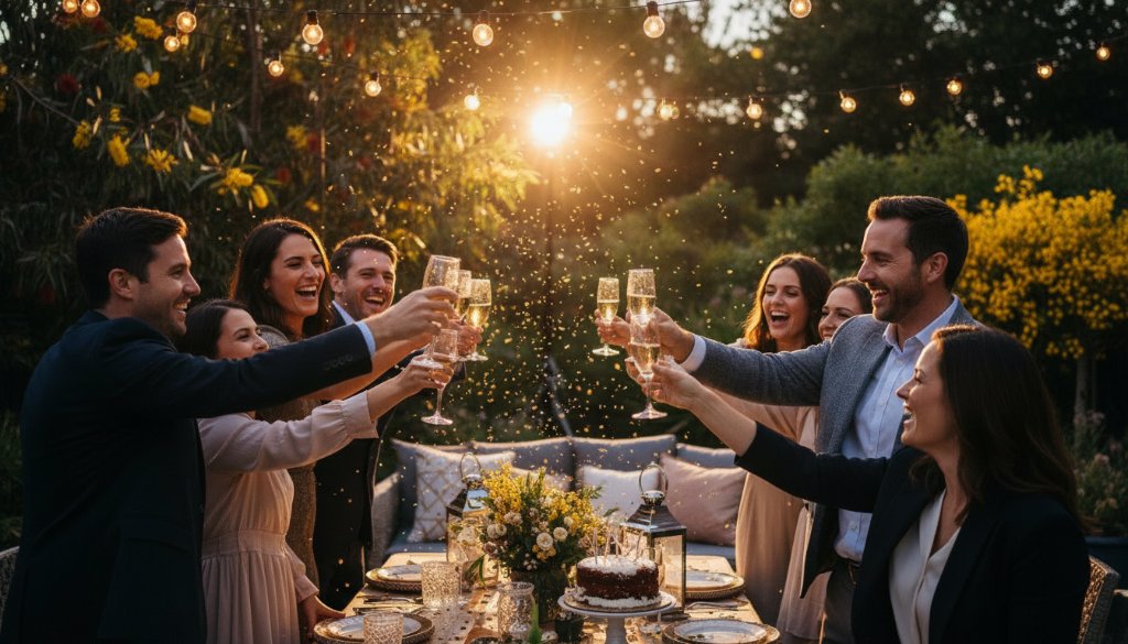 A wide-angle, vibrant, joyful party photography Cranbourne East Victoria moment, capturing friends laughing and toasting under fairy lights at dusk in a beautifully decorated backyard, with dynamic bokeh and professional colour grading.
